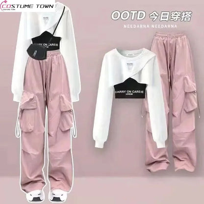 Spring and Autumn Set Women's 2025 Korean Loose Fashion Top Casual Work Pants Age Reducing Three Piece Set