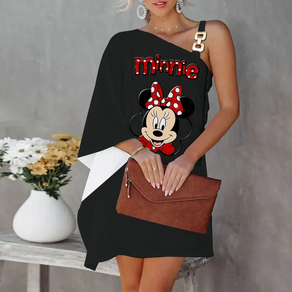 Disney Diagonal Collar One-Shoulder Party Dresses Minnie Mouse Dress Mickey Elegant Dresses for Women Evening Luxury Sexy Collar