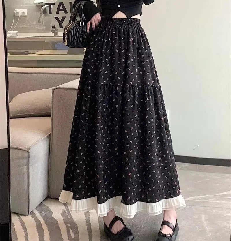 Summer White Floral Long Skirt Womens Y2k Clothes Fashion Elastic High Waist Casual Elegant Spliced Gauze Skirts for Women 2025