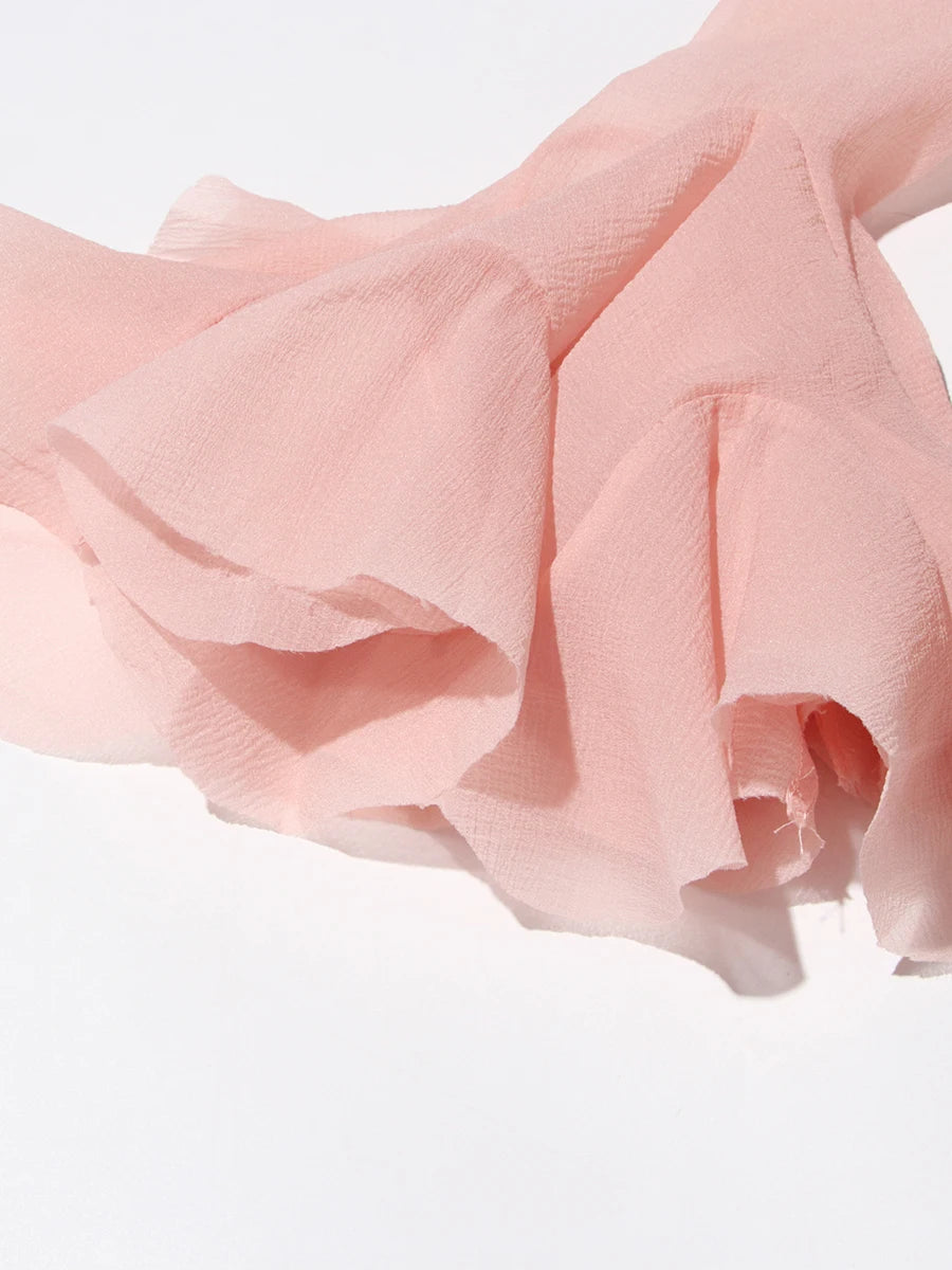 TWOTWINSTYLE Pink Patchwork Ruffle Dress For Women Round Neck Flare Sleeve High Wait Slim Elegant Midi 107CM Dress Female 2025