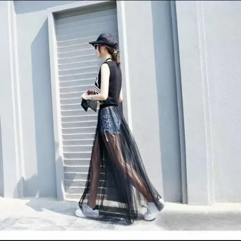 Women's Perspective Mesh Half Skirt Single Layer Long Skirt