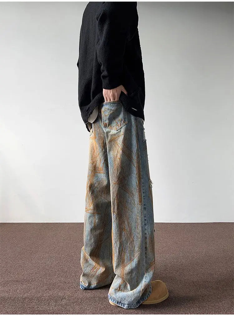 Men's trousers summer thin tie-dyed ripped jeans men's loose straight washed distressed high street American men's trousers