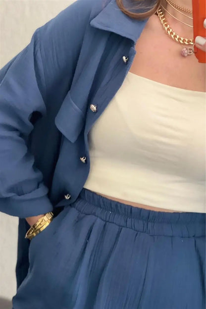 Summer outfits for women 2025 New Loose Button Long Sleeve Shirt and Cropped Pants Casual Sports Summer women's suit Pants Set