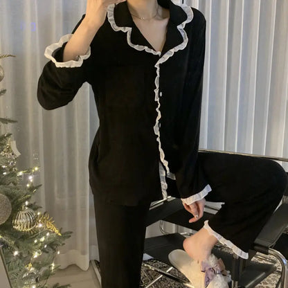 Korean Style Cute Pajama Woman Winter Autumn Sleepwear Lady Long Sleeve Tops Pants 2Piece Pajamas Solid Lingerie's Sets Nightwear