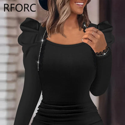 2025 Women Solid Long Puff Sleeves Rhinestone Decoration Folds Mini Bodycon Party Black Dress