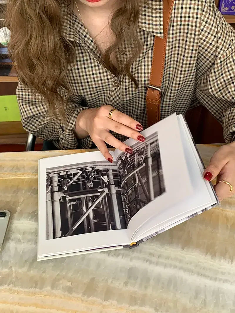 Plaid Shirts Women Retro Turn-down Collar Blouses All-match Straight Hong Kong Style Button Up Elegant Long Sleeve Outwear Femme