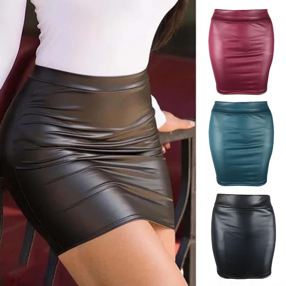 Women Mini Skirt Solid Color High Waist Slim Fit Skinny Matte Faux Leather Cozy Commuter Bodycon Skirt OL Office Pencil Skirts