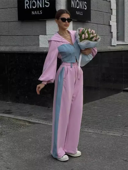 Casual Contrast Hoodies Pants Sets Women Slim Zipper Short Hooded Coats Lace Up Wide Leg Pant 2025 Autumn Lady Fashion Tracksuit