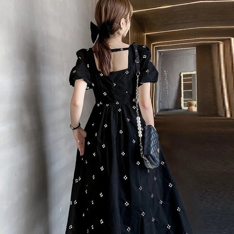 Elegant Women Midi Dress Korean Style Floral Print Square Collar Casual Black Dresses
