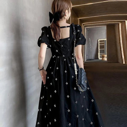 Elegant Women Midi Dress Korean Style Floral Print Square Collar Casual Black Dresses