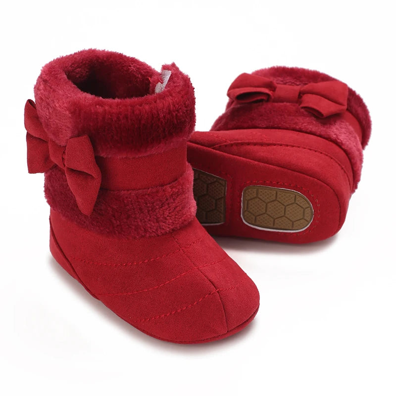 Cute Bowknot Comfortable Boots For Baby Girls Soft Warm Plus Fleece Boots For Indoor Walking Autumn And Winter
