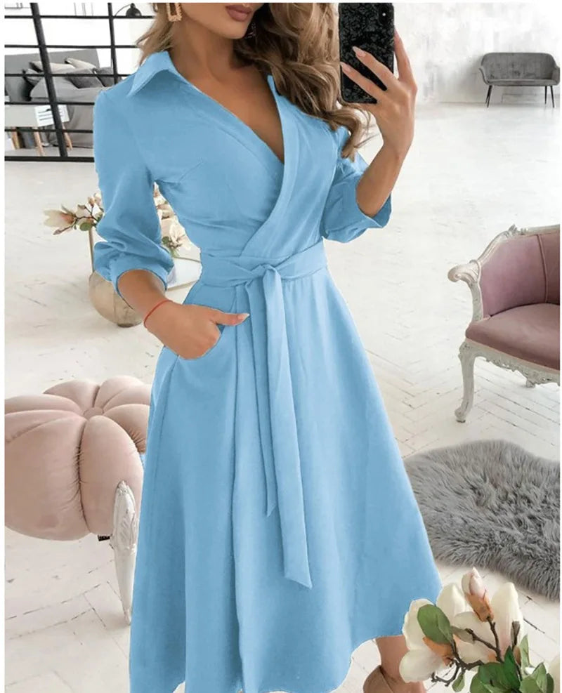 Office Women Casual Sashes A-Line Wrap Summer Dress 2025 Print Long Sleeve V-Neck Dress Pocket Elegant Midi Party Dress Vestidos
