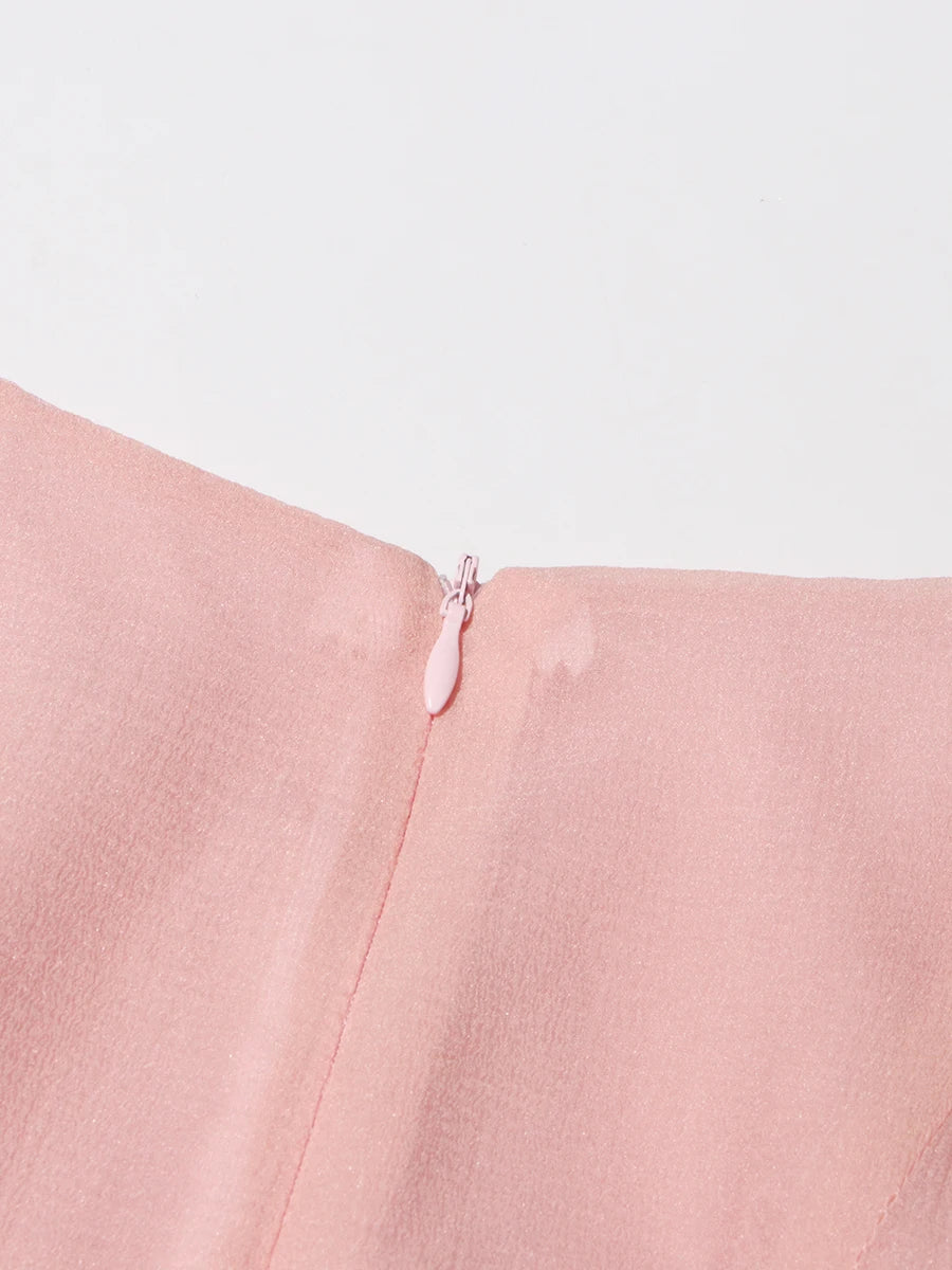 TWOTWINSTYLE Pink Patchwork Ruffle Dress For Women Round Neck Flare Sleeve High Wait Slim Elegant Midi 107CM Dress Female 2025