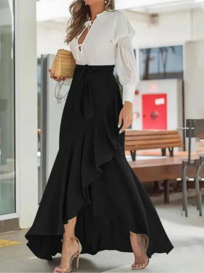 Spring Autumn Women Long Skirt High Waist Lace-up Ruffle Trim Plaid Print Bow Tie Irregular Hem Maxi Skirt Female 2025 New