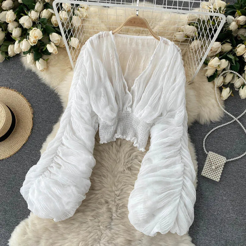 Women Sexy Chiffon Short Blouse Female See Through Super Long Sleeve Purple/Green/Black/White Folds Party Tops 2025 New