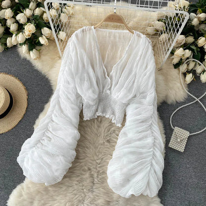 Women Sexy Chiffon Short Blouse Female See Through Super Long Sleeve Purple/Green/Black/White Folds Party Tops 2025 New