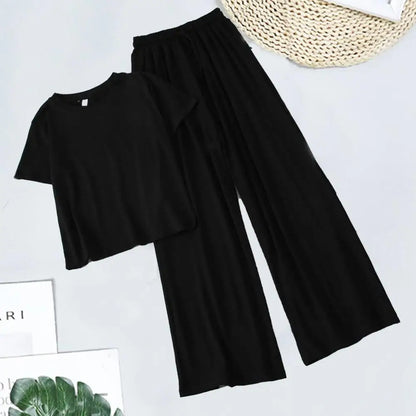 2 Pcs/Set Chic Two Pieces Set Women T-shirt Pants Set Elastic Waist Soft Women T-shirt Trousers Set Keep Cooling