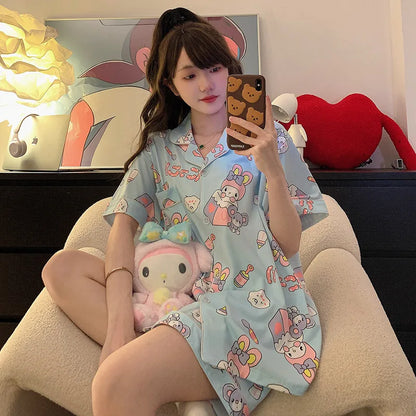Plus Size Ins Cartoon Pajamas Set Korean Student Summer Internet Celebrity Girl Short Sleeve Shorts Thin Loose Home wear