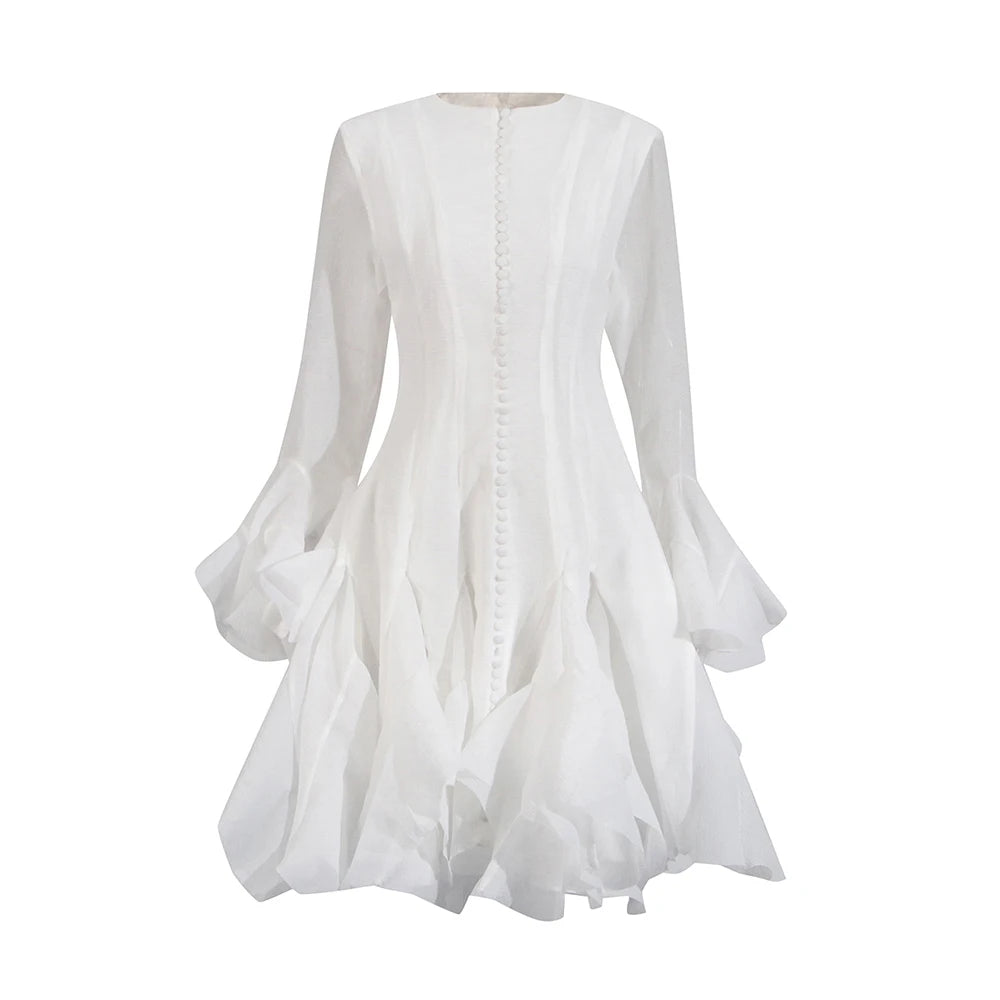 TWOTWINSTYLE Pink Patchwork Ruffle Dress For Women Round Neck Flare Sleeve High Wait Slim Elegant Midi 107CM Dress Female 2025