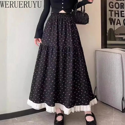 Summer White Floral Long Skirt Womens Y2k Clothes Fashion Elastic High Waist Casual Elegant Spliced Gauze Skirts for Women 2025