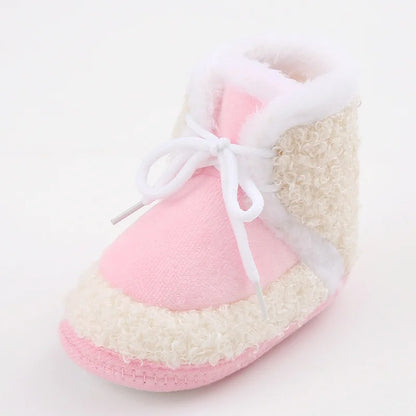 Korean Style Patchwork Plush Baby Shoes - Soft Sole, Cotton Padded, Lace-up Snow Boots for Adorable Boys and Girls 0-18M