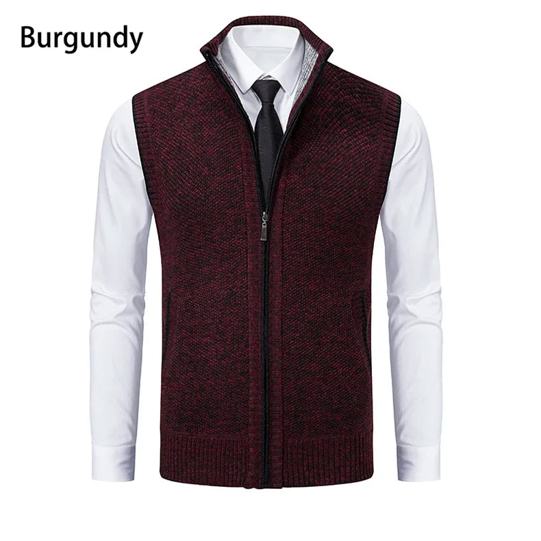 Vest Men Knitted Sleeveless Sweater Jacket Wool Velvet Zipper Cardigan Turn-down Pullovers Turtleneck Sweater coat Knit Waistcoat