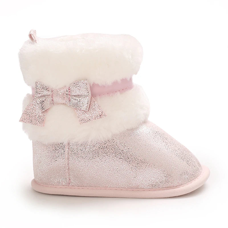 Suefunskry Newborn Baby Girl Winter Warm Plush Boots Shiny Flats with Cute Bows Casual Walking Shoes for Toddler Infant