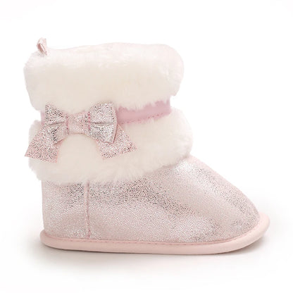Suefunskry Newborn Baby Girl Winter Warm Plush Boots Shiny Flats with Cute Bows Casual Walking Shoes for Toddler Infant