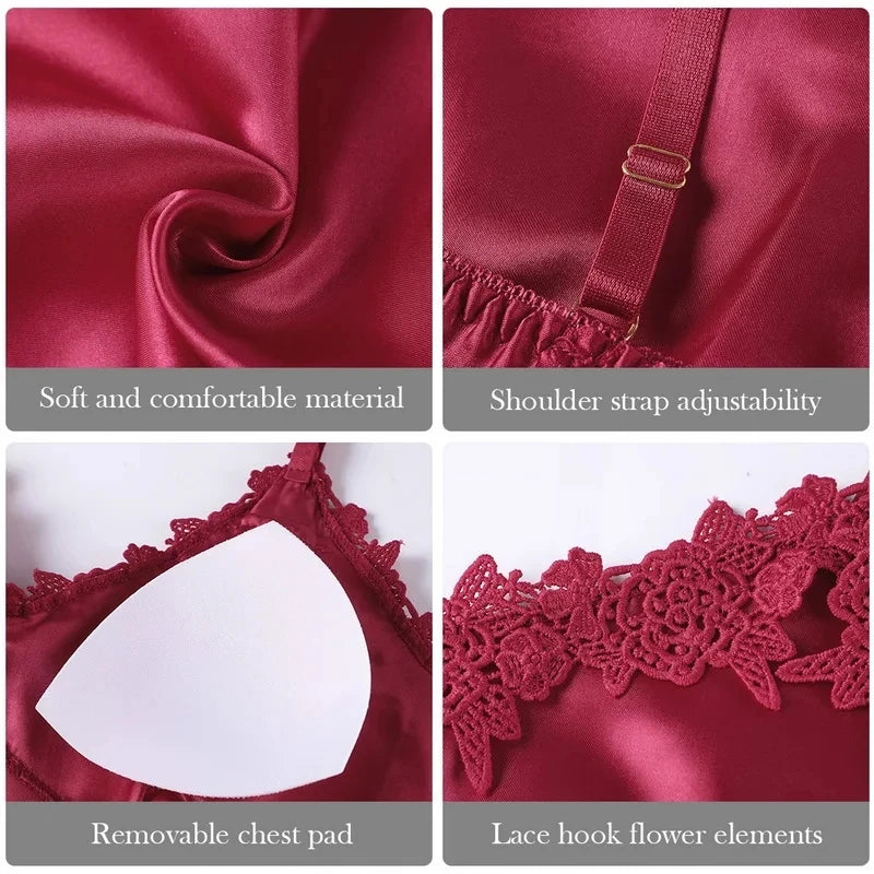 5PC Silk Robe Sleep Suit Women's Lace Satin Pajamas Gown Set V-Neck Cami Nighties Wear Pajama Home Nightwear Spring Nightdress