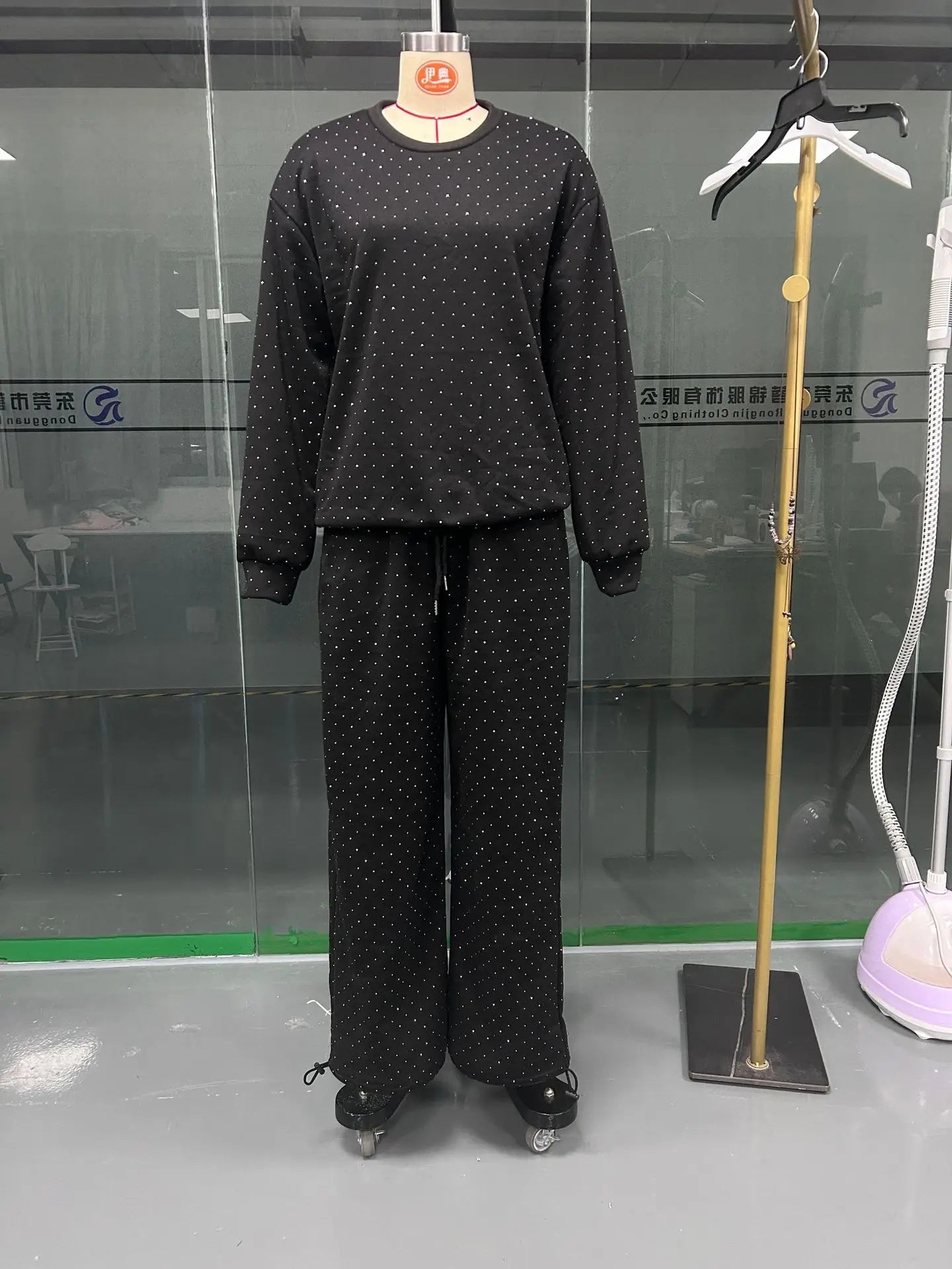 Women's Pants Suit Autumn New O-neck Hot Diamond Long-sleeved T-shirt Drawstring Sweatpants Fashionable Ladies 2-piece Sets