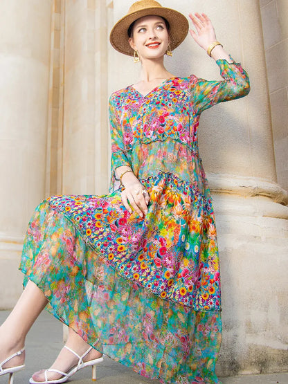 High Quality Summer 2025 Beach Boho Vintage Print Chiffon V Neck Dress Elegant Party Robe Designer Vespids Loose Midi Dress