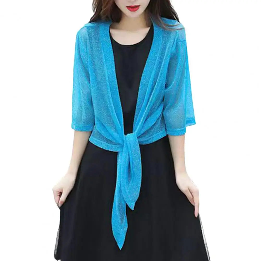 Women's Sheer Glitter Lace-up Cardigan Half Sleeve Summer Lightweight Jacket See-through Loose Blouse Women