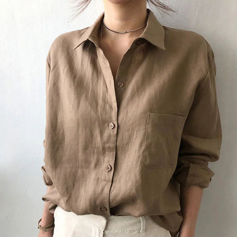 Leisure Long Sleeve Cotton Linen Loose Shirt Women Spring Summer Vintage Harjauku Streetwear Oversized Blouse Elegant Top Tunics