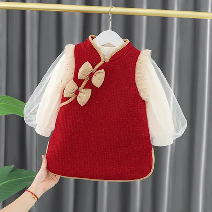 Toddler Baby Girls Dress Autumn  Winter Kids Red Christmas New Year Plush Warm Dress Infant Clothing Set Top+ skirt For 1-4 Years