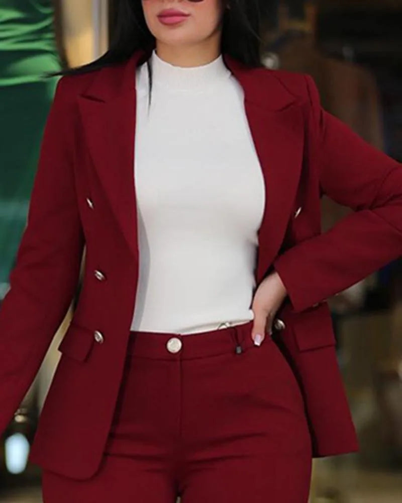 2pcs Women Office Clothing Set Long Sleeve Blazer Jacket & High Waist Pencil Pants Solid Color