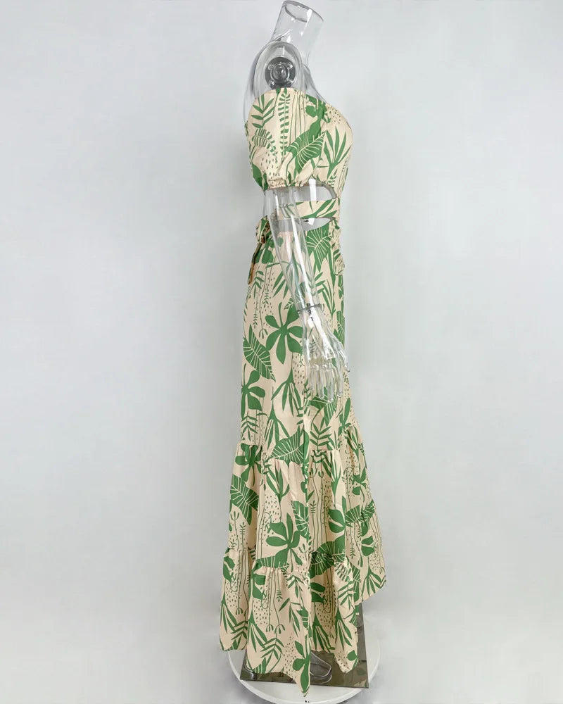 Women's Temperament Commuting Slim Fit Printing Hollow Lace up Large Swing Dress Women's Fashion Short Sleeve High Waist Dr