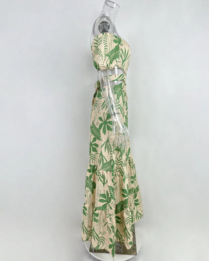 Women's Temperament Commuting Slim Fit Printing Hollow Lace up Large Swing Dress Women's Fashion Short Sleeve High Waist Dr