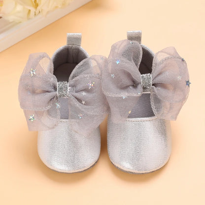 Cute 0-18M Spring Newborn Silver Baby Shoes Non Slip Cloth Bottom Girl Shoes Elegant Breathable Casual Baby First Walking Shoes