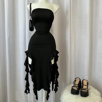 Women Strapless Sexy Floral Fold Hemline High Slit Mini Dress 2025 Solid Backless Sleeveless Black And Pink Party Dress Vestidos