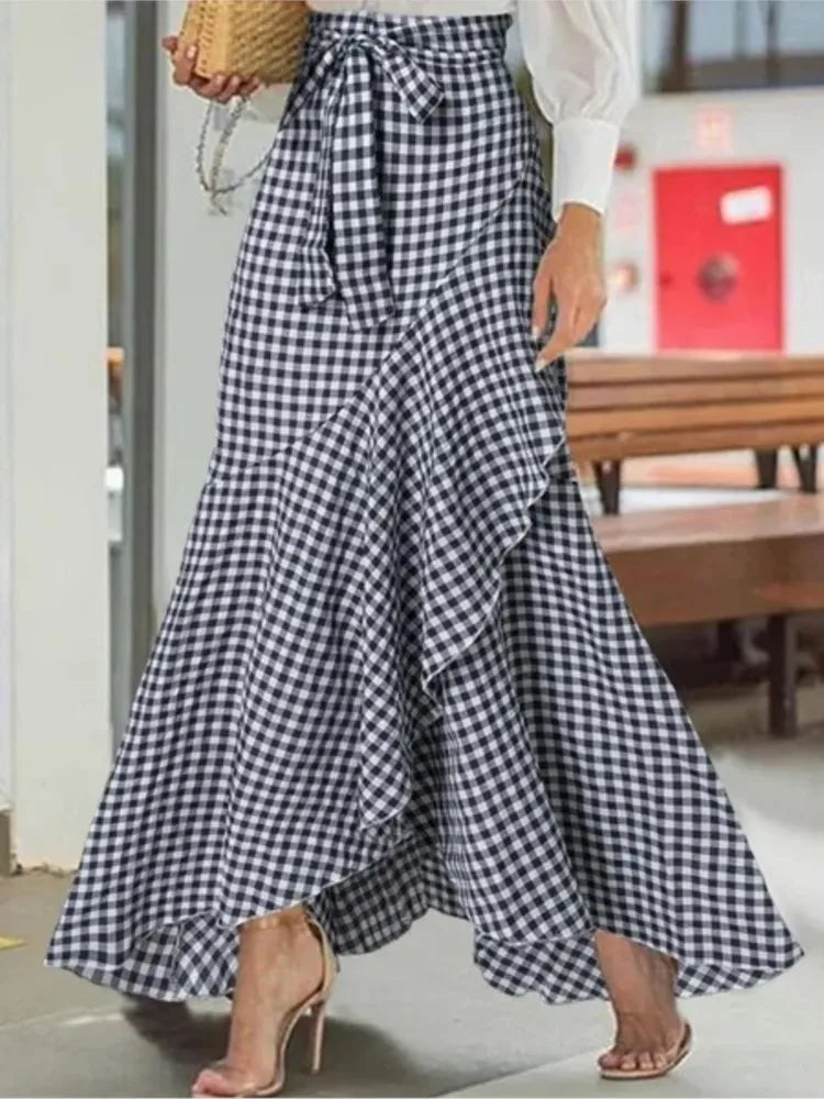 Spring Autumn Women Long Skirt High Waist Lace-up Ruffle Trim Plaid Print Bow Tie Irregular Hem Maxi Skirt Female 2025 New