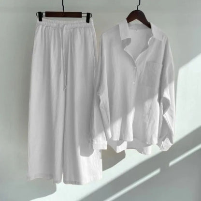 Spring Summer Women's Two Piece Casual Long Sleeve Shirt Women's Suit Fashion Button Casual Female Wide Leg Pants 2 Piece Sets