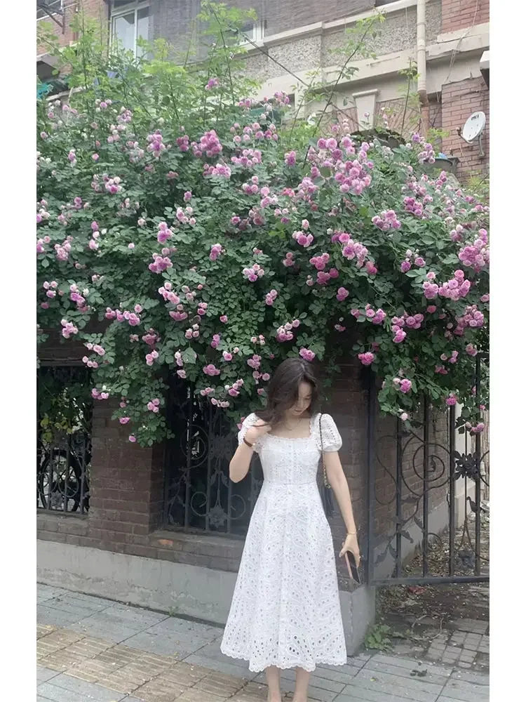 Summer Elegant Korean Chic White Midi Dress Women French Hollow Out Sexy Kawaii Vestidos De Fiesta Fashion Short Sleeve Dress