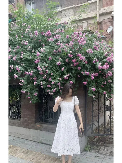 Summer Elegant Korean Chic White Midi Dress Women French Hollow Out Sexy Kawaii Vestidos De Fiesta Fashion Short Sleeve Dress