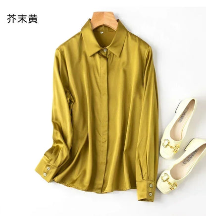Tajiyane Women's 93% Mulberry Silk 7% Spandex 19 momme satin Silk Buttons long sleeve shirt Top Blouse office work chemise femme