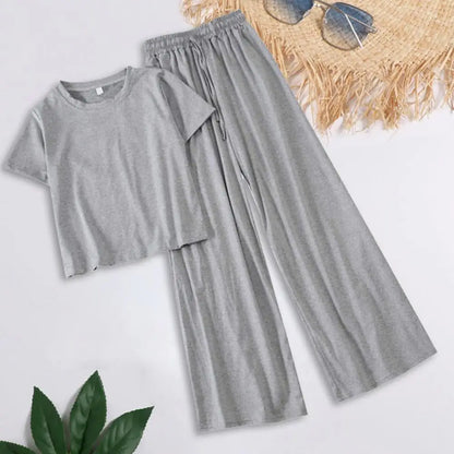 2 Pcs/Set Chic Two Pieces Set Women T-shirt Pants Set Elastic Waist Soft Women T-shirt Trousers Set Keep Cooling