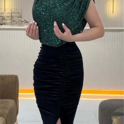 Lady Fashion Sleeveless Draped Split Dress Casual O Neck Sequin Splicing Party Dress 2025 New Year Elegant High Waist Long Dress