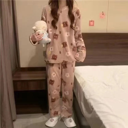 2025 Autumn Winter Warm Flannel Women Pijamas Sets Thick Coral Velvet Long Sleeve Cartoon Sleepwear Thin Flannel Pajamas Set
