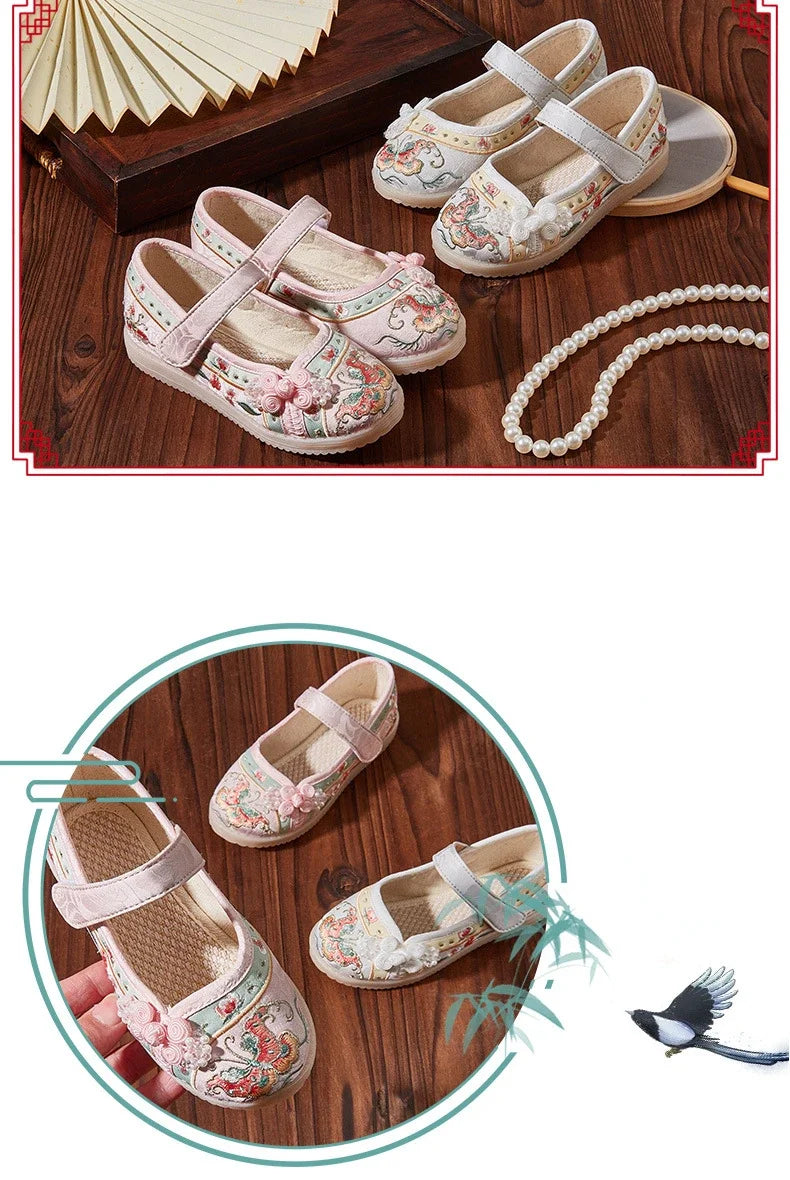 Kids Hanfu Shoes Sweet Embroidery Flower Girl Princess Shoes Fashion Chinese Ancient Style Children's Causal Flat Cloth Shoes