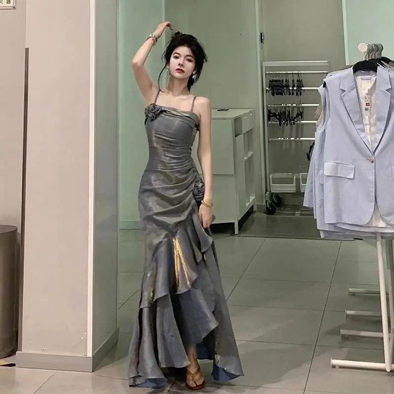 Korean Vintage Velvet Long Dress Women Luxury Slim Mermaid Spaghetti Strap Floral Dress Elegant Sexy Casual Evening Party Dress