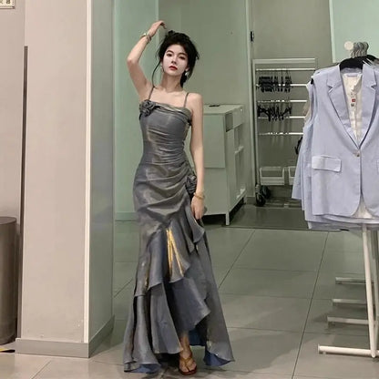 Korean Vintage Velvet Long Dress Women Luxury Slim Mermaid Spaghetti Strap Floral Dress Elegant Sexy Casual Evening Party Dress